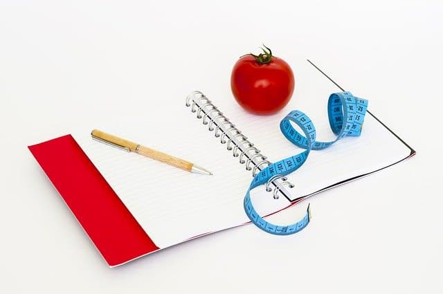 一本笔记本，一支笔，一把卷尺和一个西红柿。